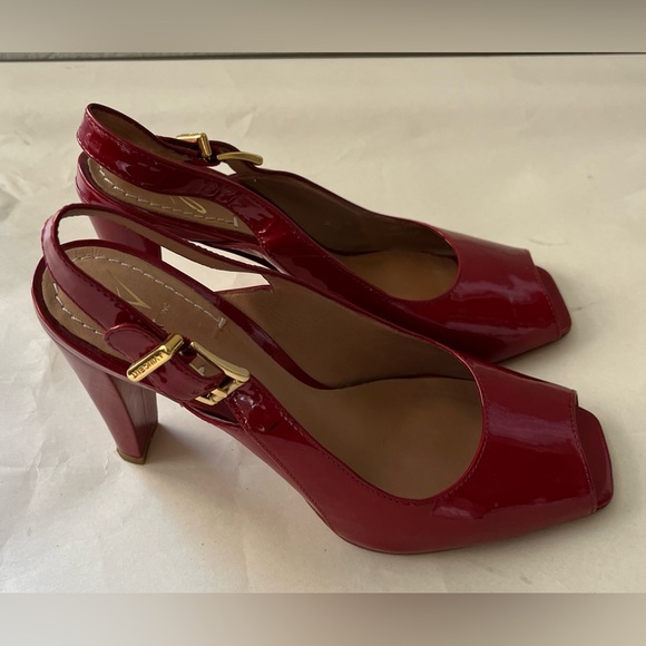 J Vincent Patent Leather Open Toe Slingback Cherry Red High Heel Sandals - Picture 2 of 14